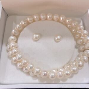 NWT MSRP$100 Macy’s Fine Sterling Silver White Pearls 2-Layer Bracelet+Earrings